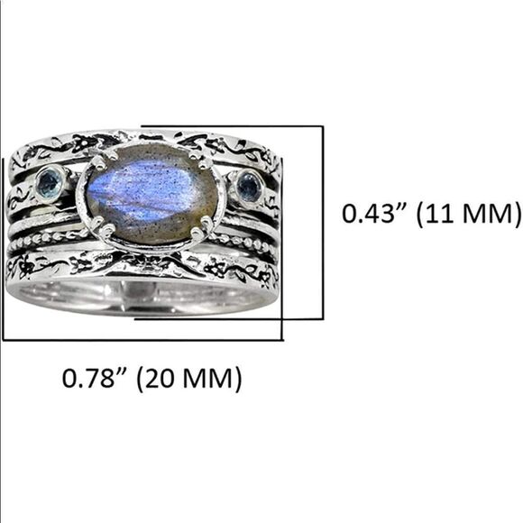 Vintage Natural Labradorite Swiss Blue Topaz 925 Sterling Silver Ring - Picture 6 of 9